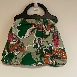 Vintage Style Butterfly Fabric Hand Purse Wood Handle Green Sack Pink